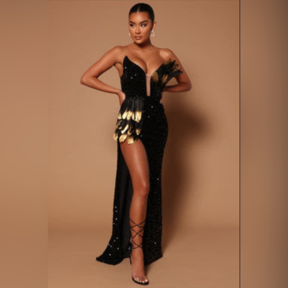 Nova Luxe Jennifer Feather Sequin Embellished Maxi Dress